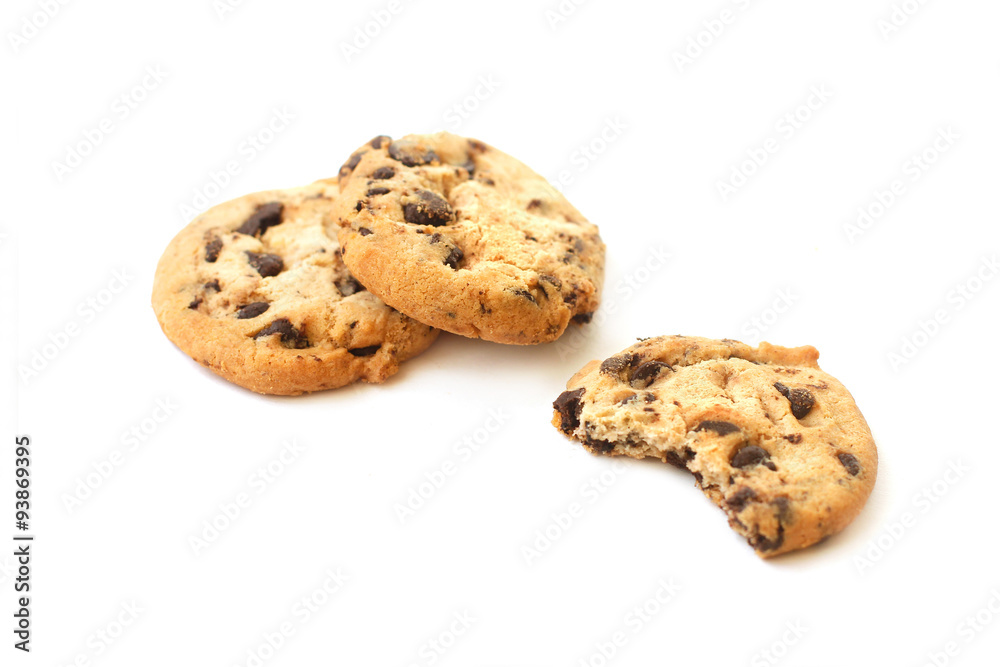 Chocolate chip cookies on white background
