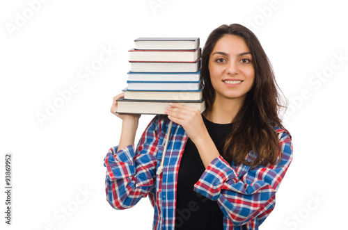Young student with textbooks isolated on white