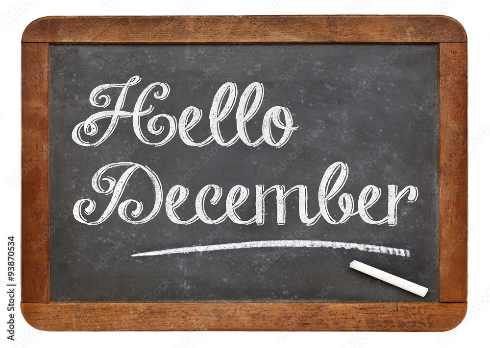 Obraz premium Hello December sign on blackboard