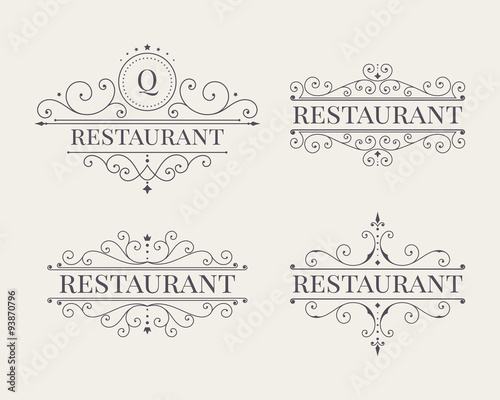 Luxury logo and monogram line art template set. Elegant calligraphic ornament pattern. Retro style vector illustration for your restaurant, boutique, hotel, heraldic, jewelry, fashion, business signs.