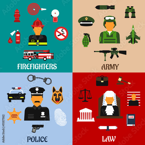 Fireman, soldier, judge and policeman icons