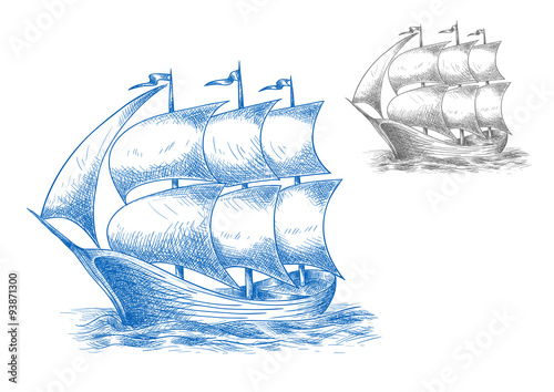 Vintage ship under full sail in ocean