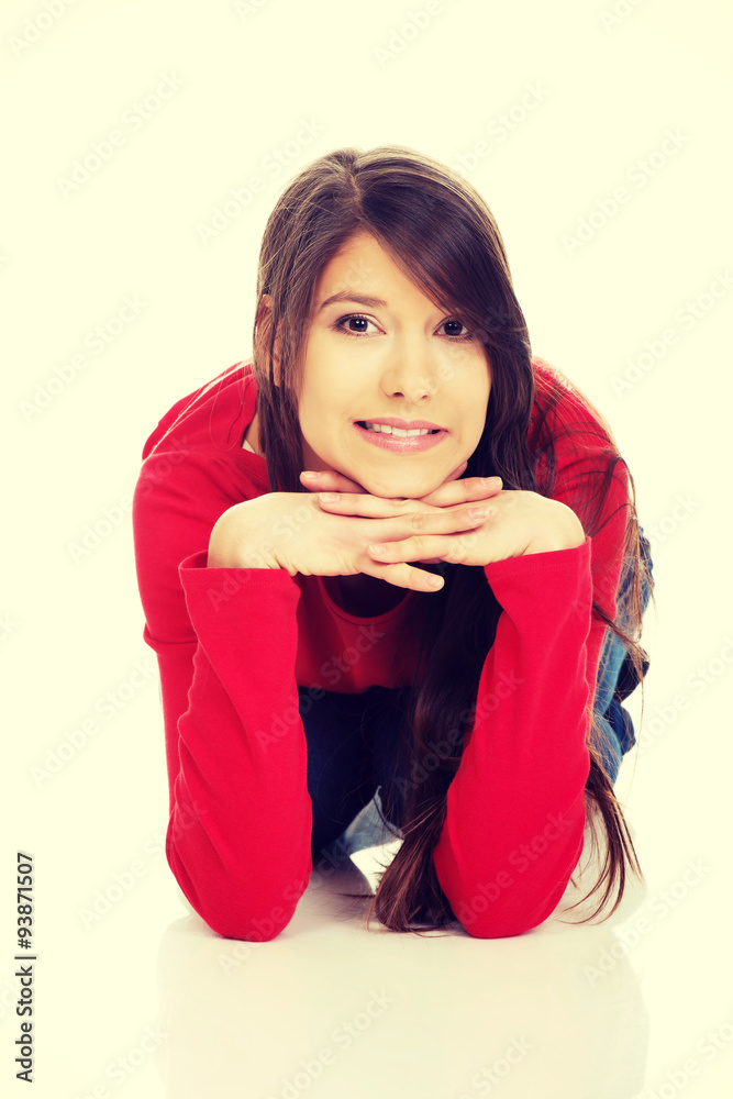 Happy woman sitting on the floor. Happy woman sitting on the floor.