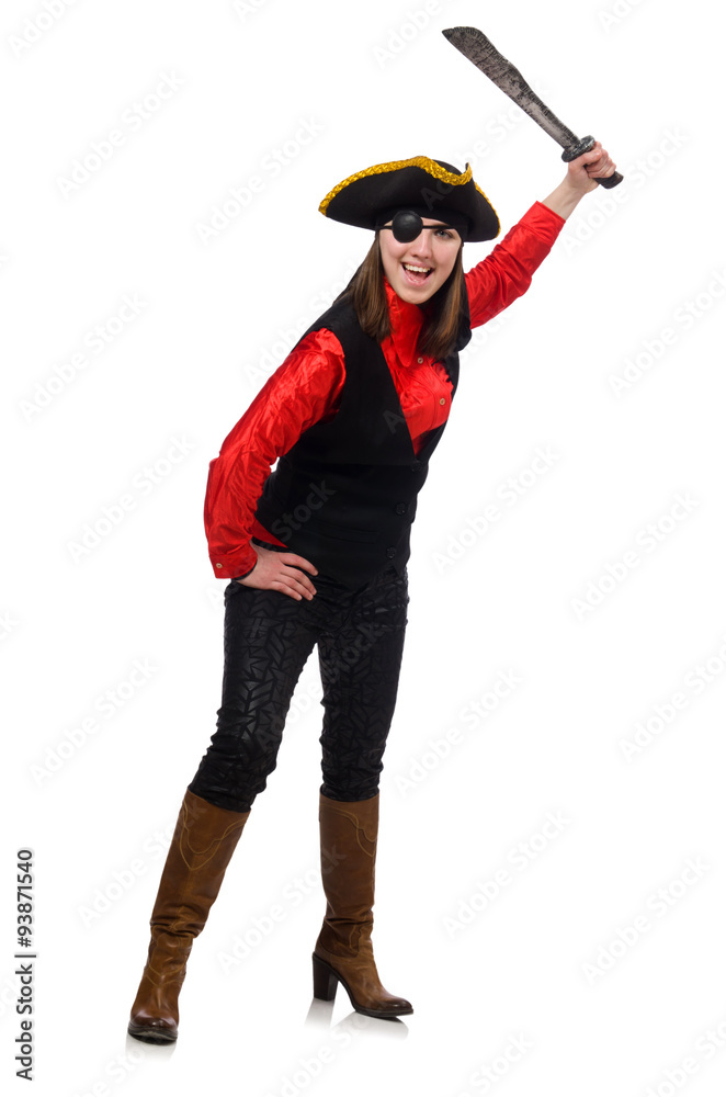 Female pirate holding sword isolated on white Female pirate holding sword isolated on white