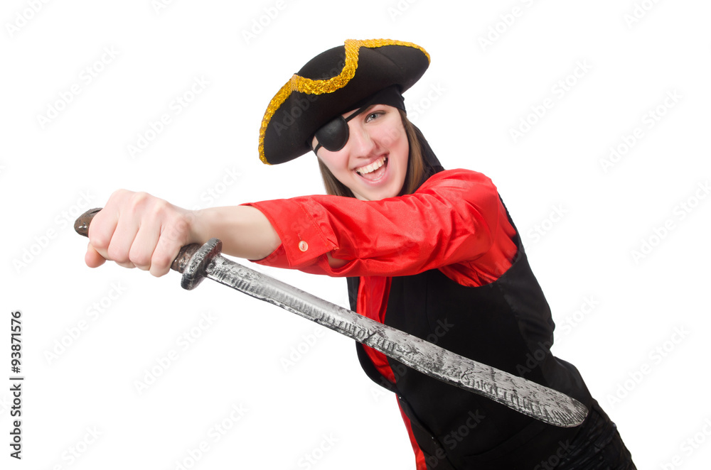 Female pirate holding sword isolated on white Female pirate holding sword isolated on white