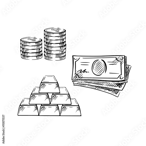 Sketch of dollar bills, coins and gold bars