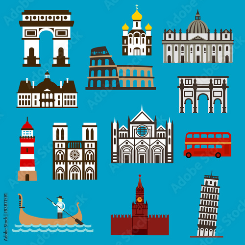 European landmarks and buuildings flat icons