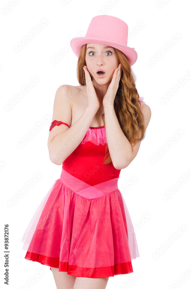 Pretty young wizard in mini pink dress isolated on white Pretty young wizard in mini pink dress isolated on white