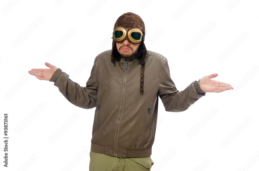 Man wearing pilot goggles isolated on white Man wearing pilot goggles isolated on white
