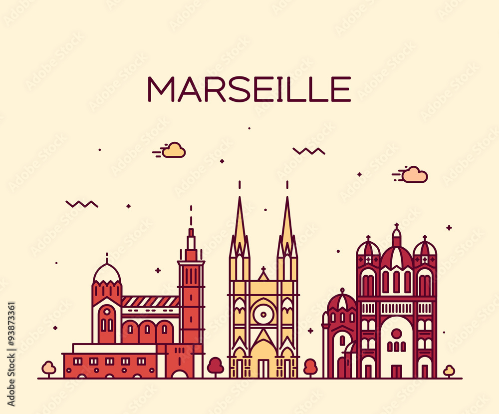 Marseille skyline silhouette linear style vector