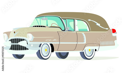 Caricatura Cadillac fúnebre 1955 dorada vista frontal y lateral © camiloernesto