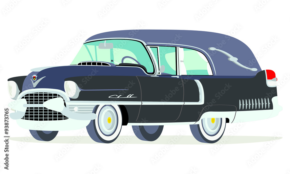 Caricatura Cadillac fúnebre 1955 negra vista frontal y lateral