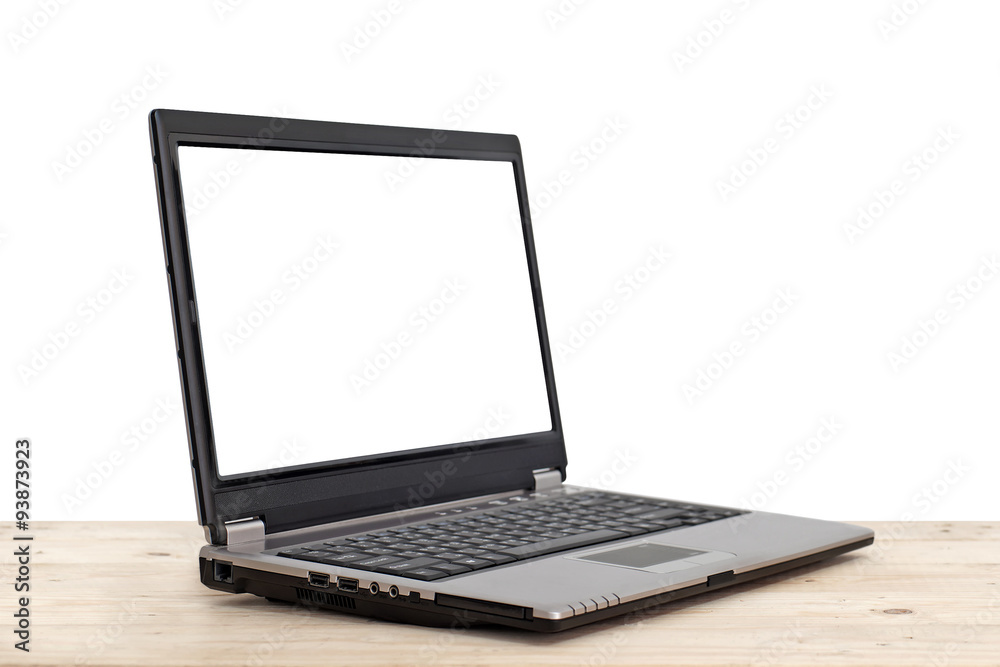 laptop with blank screen on wooden table isolated on white laptop with blank screen on wooden table isolated on white