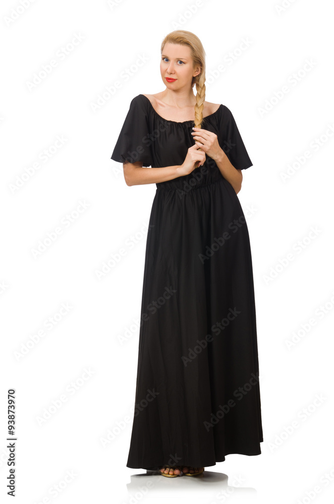 Tall woman in long black dress isolated on white