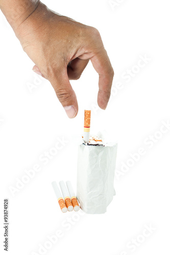 Hand man, took a cigarette from the pack. White background