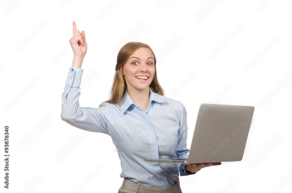 Office employee holding laptop isolated on white Office employee holding laptop isolated on white