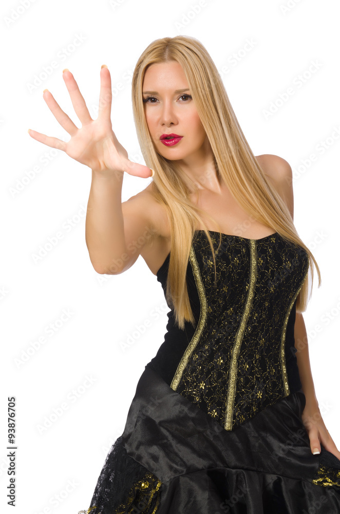 Blond hair girl in black evening dress isolated on white