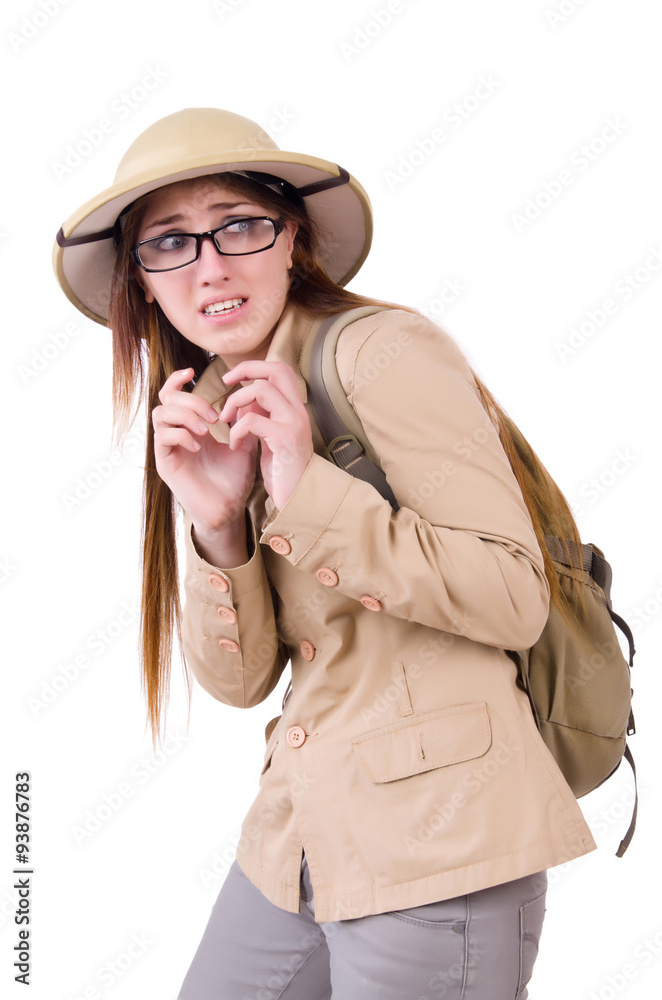 Woman wearing safari hat on white Woman wearing safari hat on white