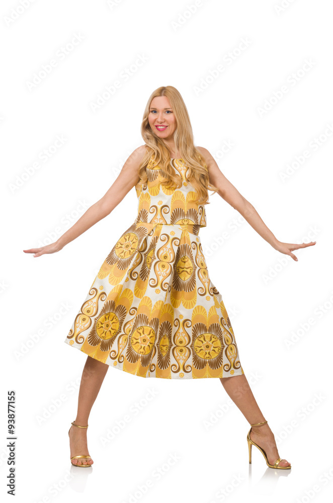Pretty girl in yellow floral dress isolated on white Pretty girl in yellow floral dress isolated on white