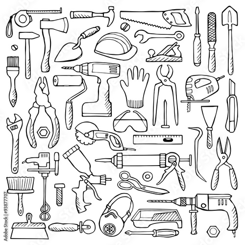 Hand drawn doodle set with repair tools