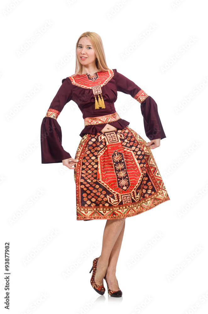 Woman in dress with oriental prints isolated on white Woman in dress with oriental prints isolated on white