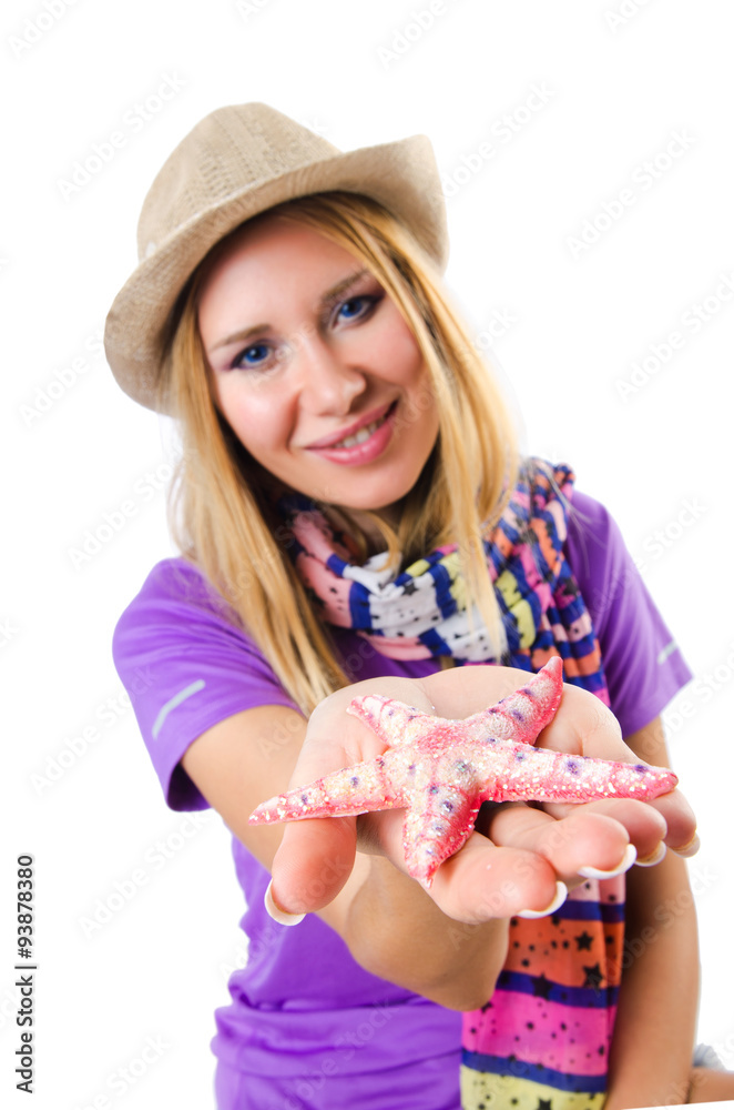 Woman with star shells isolated on white Woman with star shells isolated on white