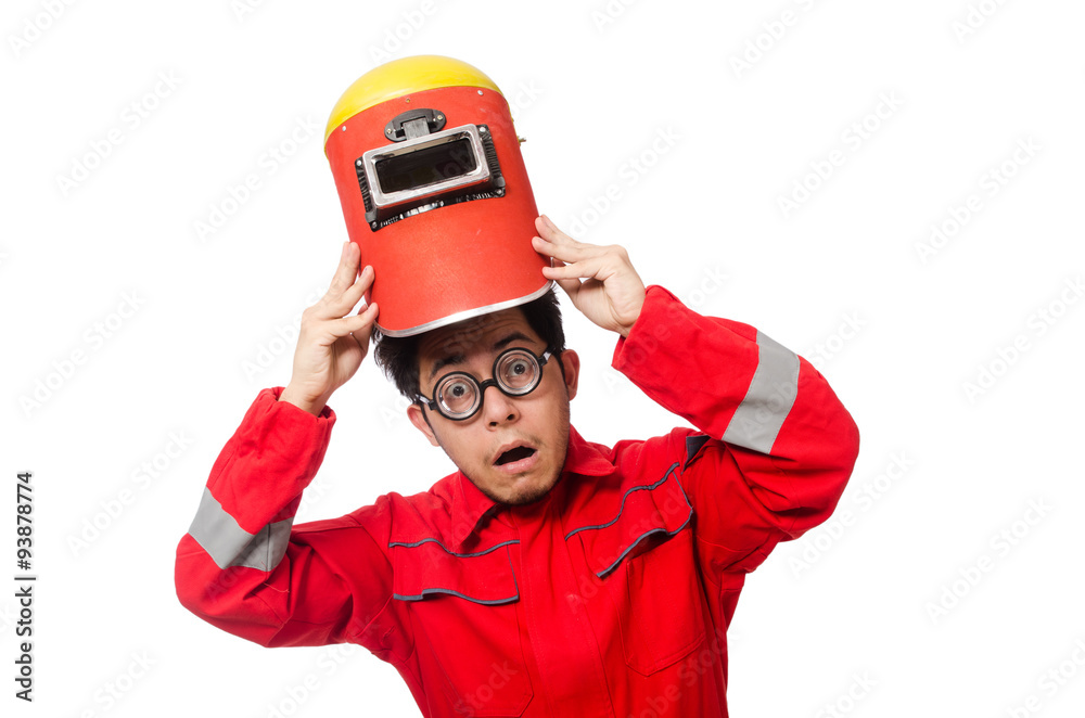 Fototapeta premium Funny welder isolated on white