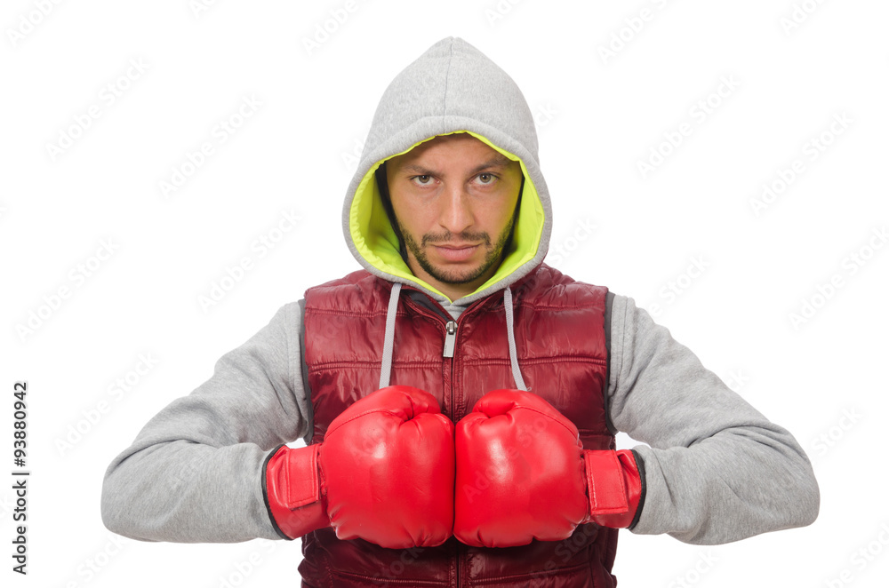 Man wearing boxing gloves isolated on white