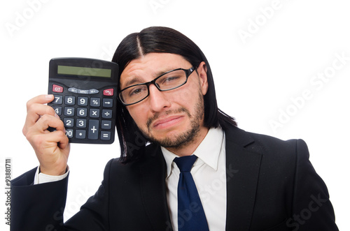 Man with calculator isolated on white