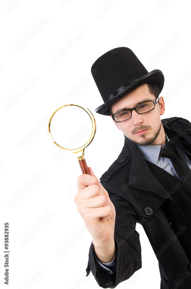 Young detective with magnifying glass isolated on white Young detective with magnifying glass isolated on white