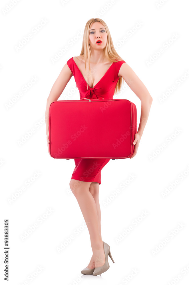 Blondie in red dress with suitcase isolated on white Blondie in red dress with suitcase isolated on white