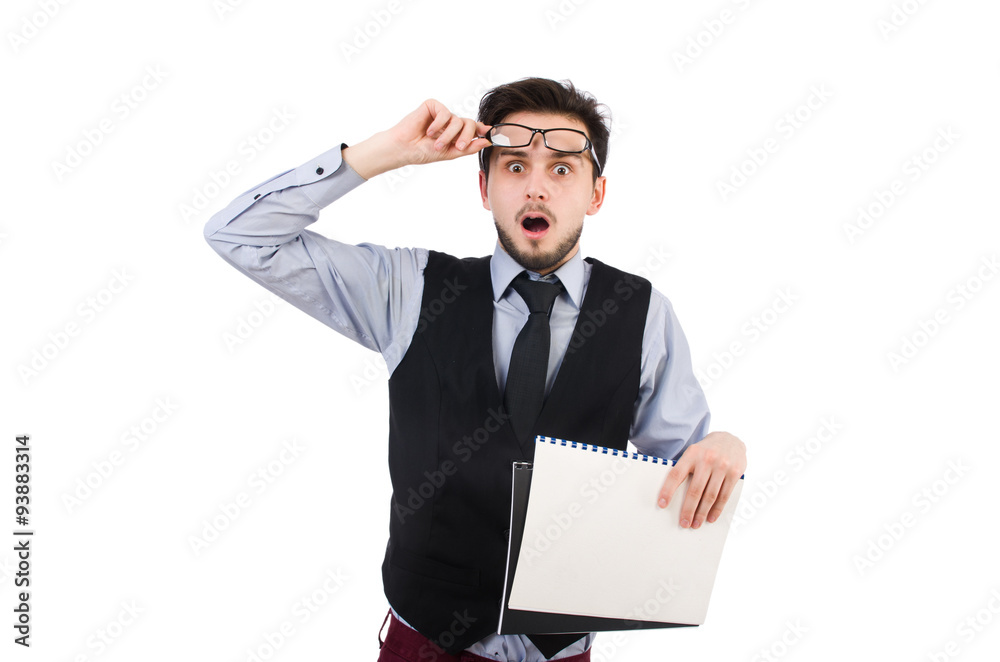 Office employee holding paper isolated on white Office employee holding paper isolated on white