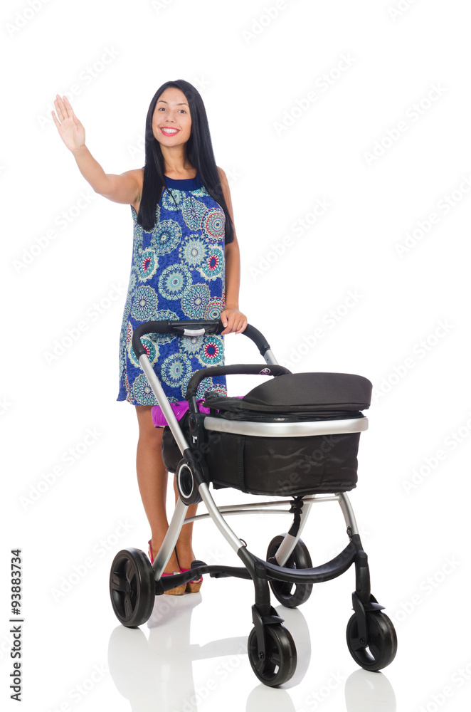 Happy mom with her baby in pram Happy mom with her baby in pram