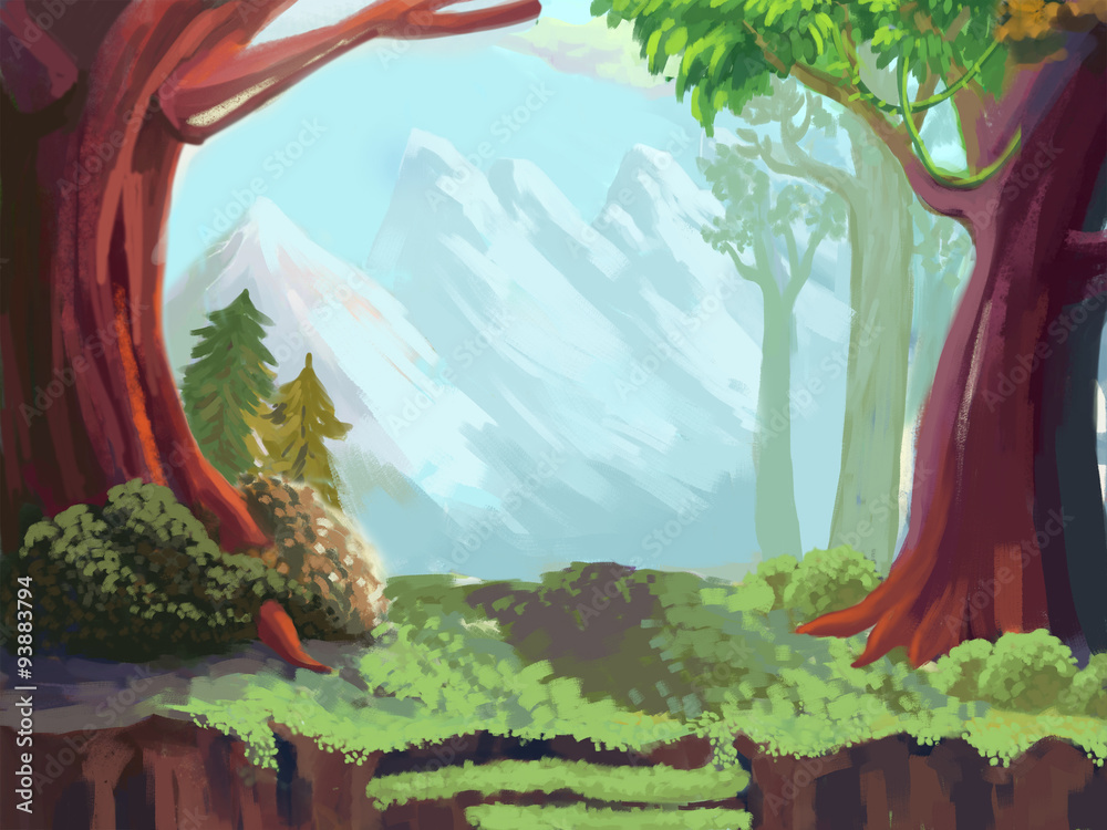 Illustration: The Forest and Mountain. Fantastic Cartoon Style Wallpaper  Background Scene Design. Stock Illustration | Adobe Stock