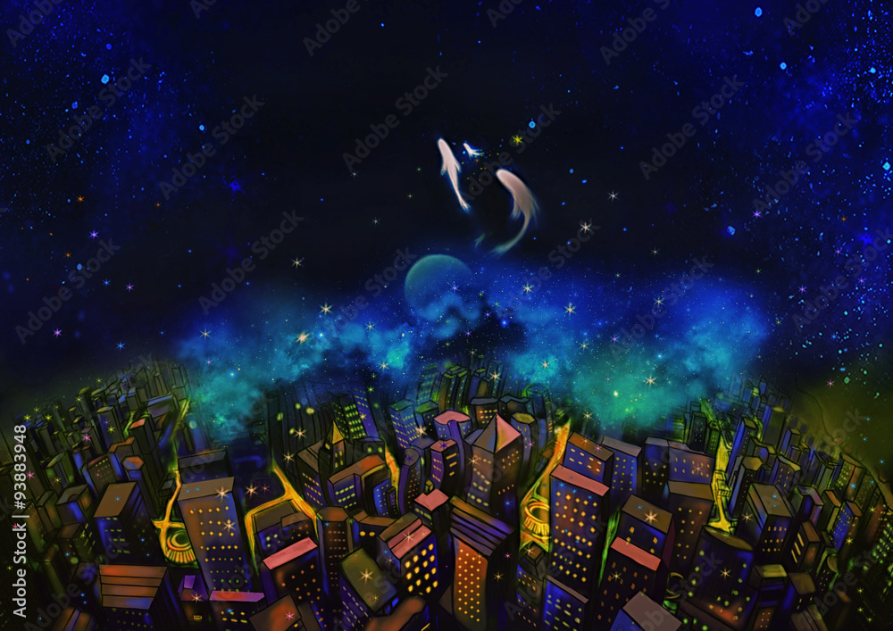 Naklejka premium Illustration: The City and the Fantastic Starry Night. With Flying Fish in the Sky. A Good Wish Card appropriate for any event. Fantastic Cartoon Style Wallpaper Background Scene Design.