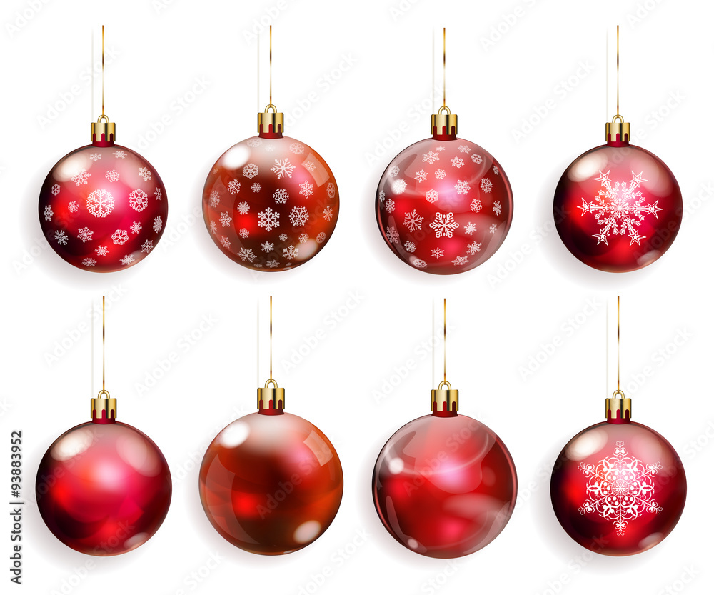 Set of red Christmas balls with and without snowflakes
