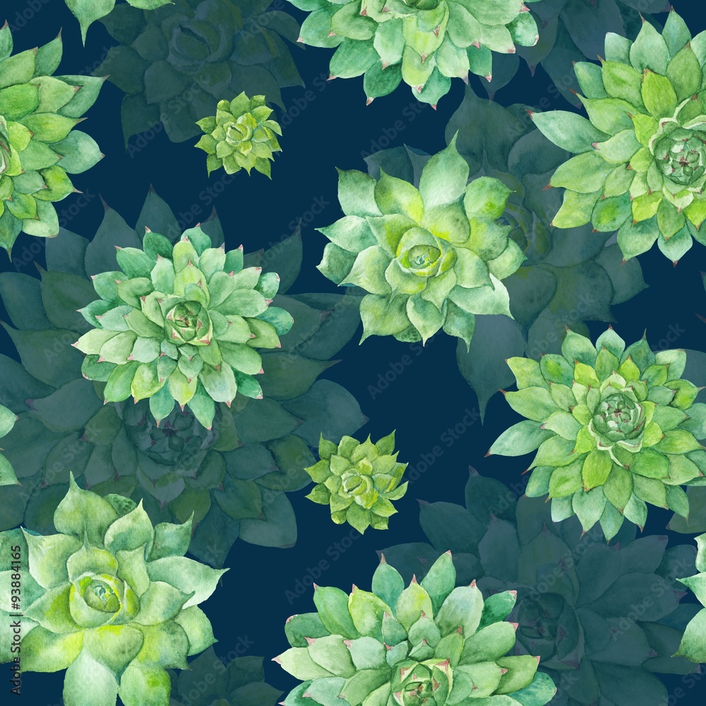 Watercolor Succulent Pattern on Blue Background