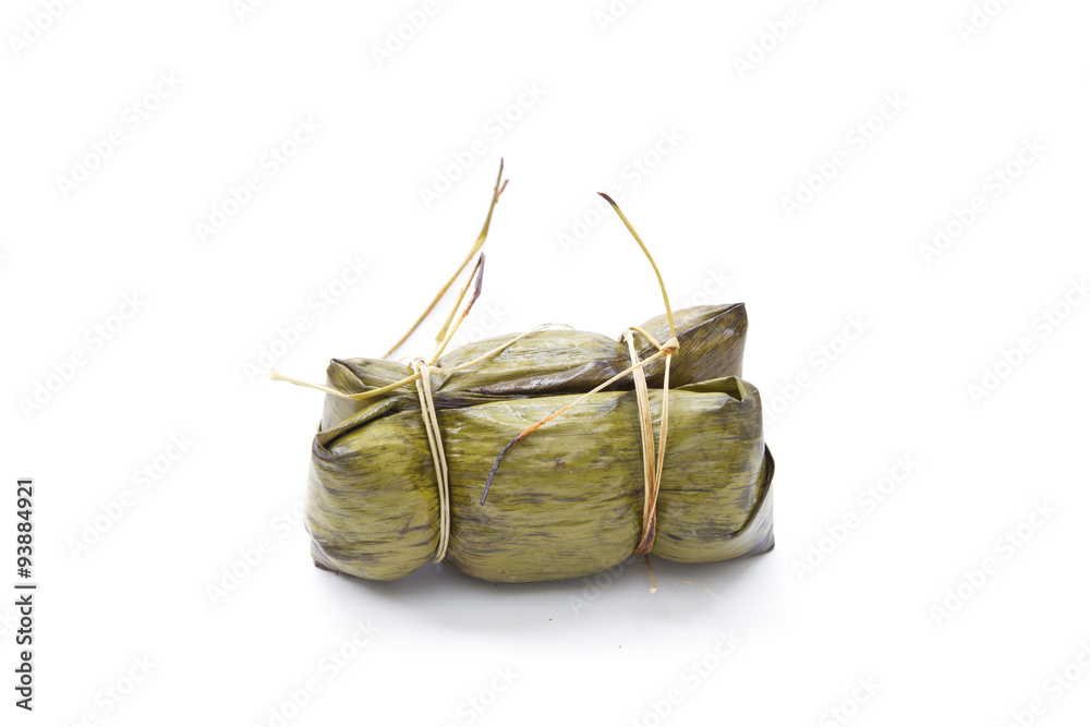 Naklejka premium Steamed sticky rice with banana