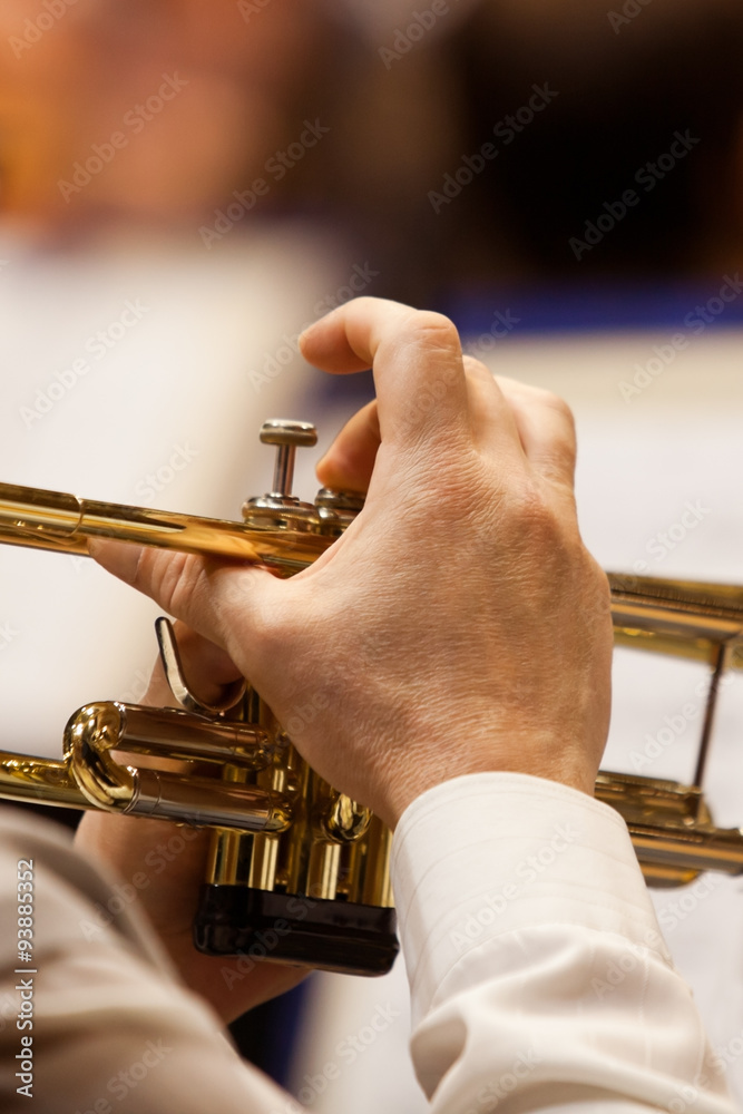 Obraz premium The hand of a musician playing the trumpet closeup 