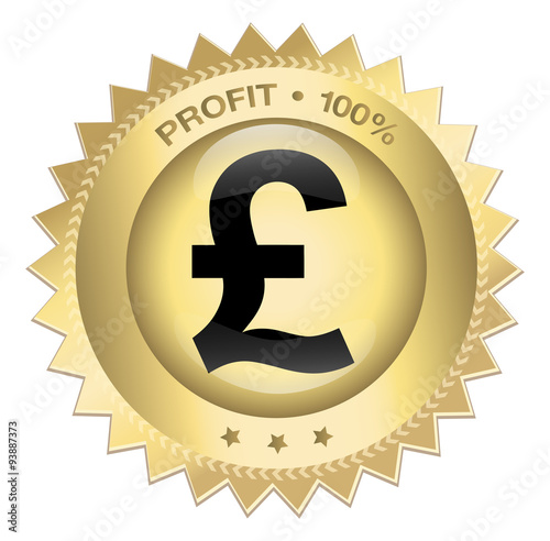 Profit 100% seal or icon with pound sterling symbol. Glossy golden seal or button with stars.