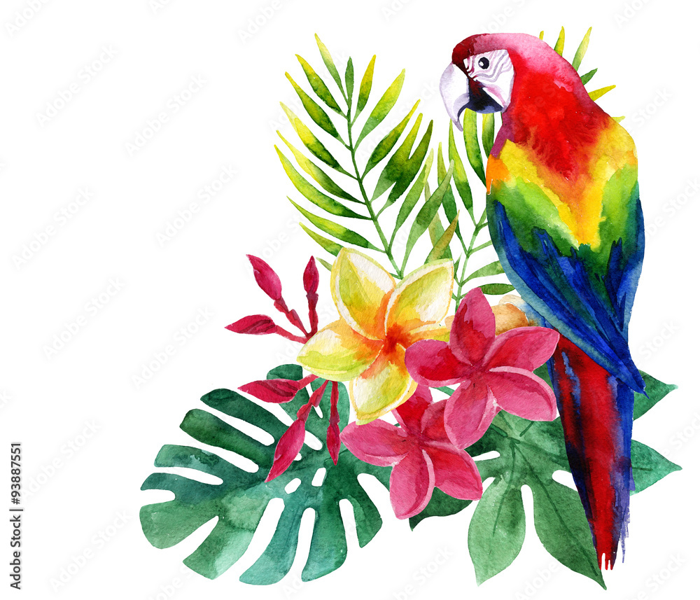 Fototapeta premium Watercolor parrot with exotic flowers and leaves