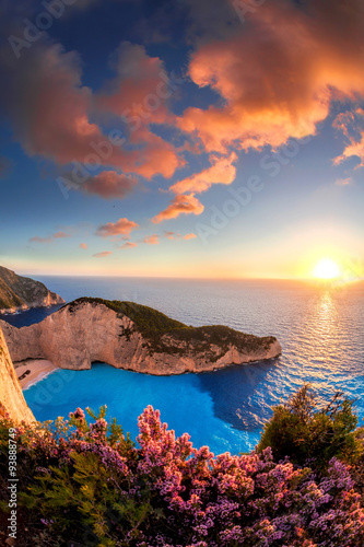 Navagio beach with shipwreck and flowers against sunset, Zakynthos island, Greece