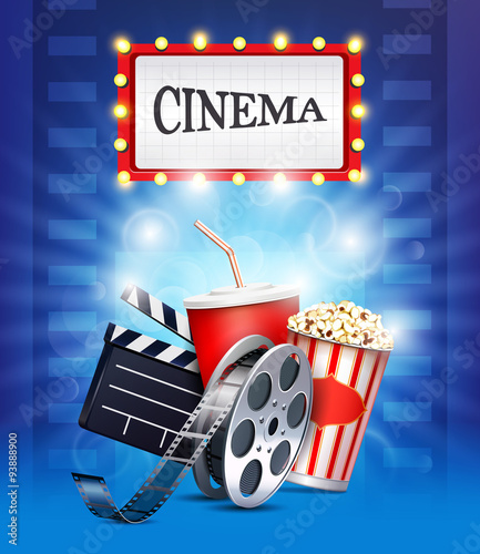 Cinema background with popcorn box, film strip and paper cup with drink.
