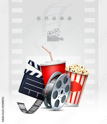 Cinema background with popcorn box, film strip and paper cup with drink.