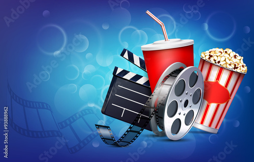Cinema background with popcorn box, film strip and paper cup with drink.