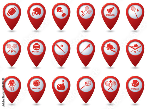 Tennis, Baseball, American football icons on red map pointers.
