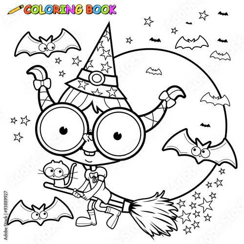 Halloween witch flying with a magical broom. Vector black and white coloring page.