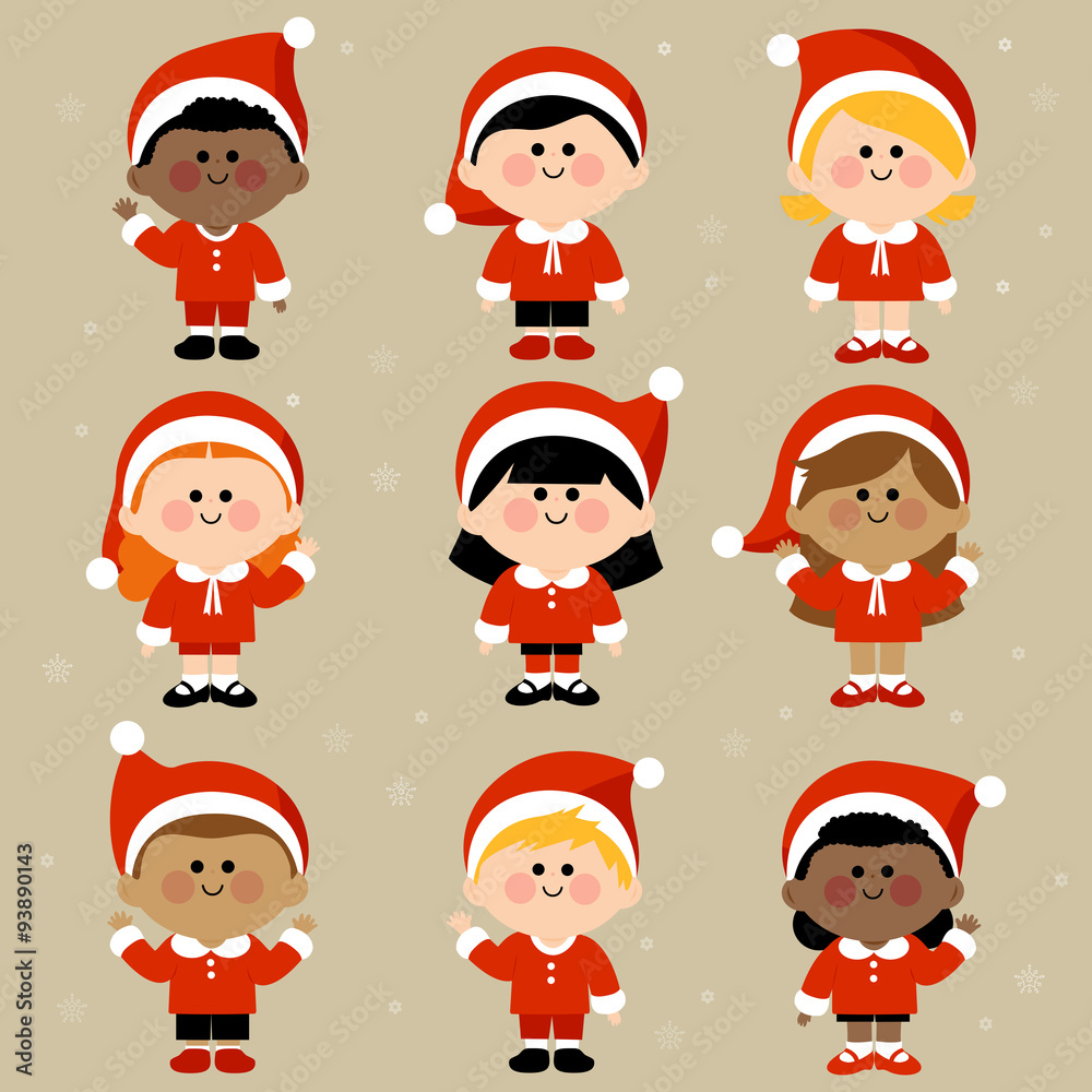 Diverse group of children in Christmas Santa Claus costumes. Vector illustration Diverse group of children in Christmas Santa Claus costumes. Vector illustration
