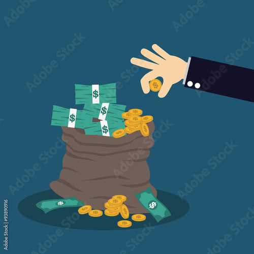 hand and money bag. Money making. Bank deposit. Financials.