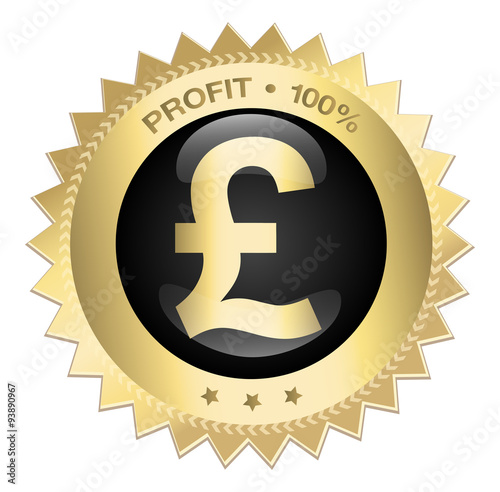 Profit 100% seal or icon with pound sterling symbol. Glossy golden seal or button with stars.